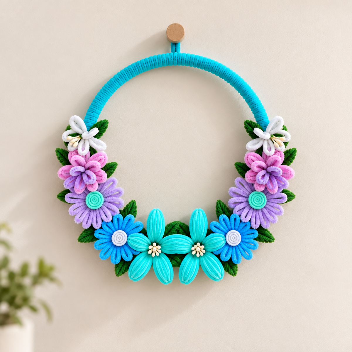Handmade blue, purple and pink pipe cleaner floral wall hanging by Lil Surprise